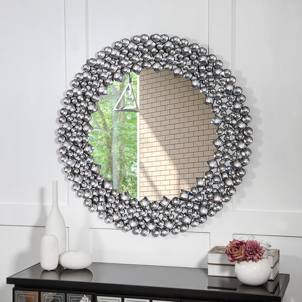 Homeroots Round Diamond Jeweled Wall Mirror  Mdf ,Glass ,Crystals 475764