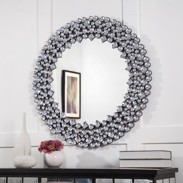 Homeroots Round Diamond Jeweled Wall Mirror  Mdf ,Glass ,Crystals 475764