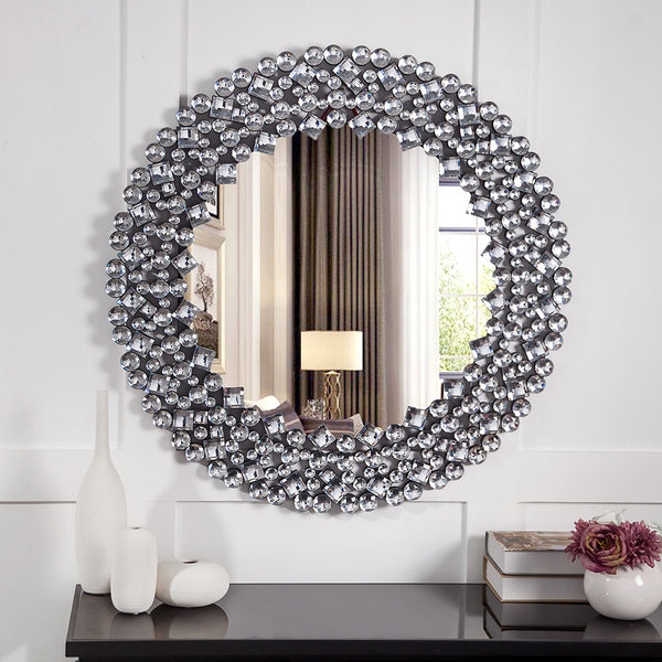 Homeroots Round Diamond Jeweled Wall Mirror  Mdf ,Glass ,Crystals 475764
