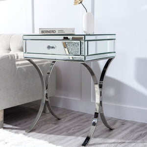 Homeroots Mirrored Silver Finish Nightstand Drawer   475782