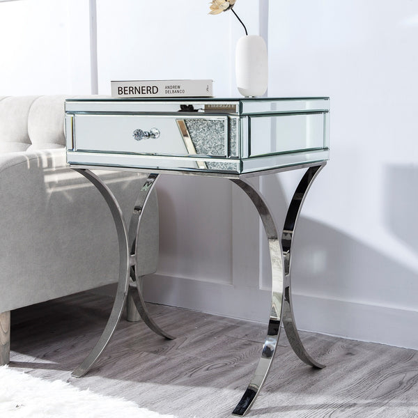 Homeroots Mirrored Silver Finish Nightstand Drawer   475782