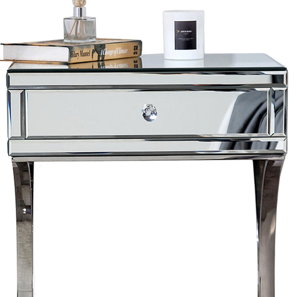 Homeroots Mirrored Silver Finish Nightstand Drawer   475782