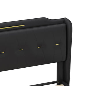 English Elm Christopher Knight Home® - Queen PU Leather Bed with Wingback Headboard & Footboard, Gold Accent Platform, 12 Slats, Sturdy Support Black 64 L x 21 W x 9.25 H N761P205938B