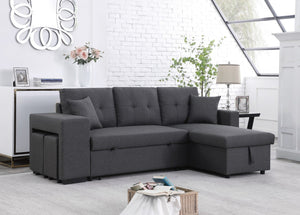 English Elm Dino Linen Tufted Sleeper Sectional with Reversible Chaise Storage and Two Ottomans Dark Gray B2749S00201