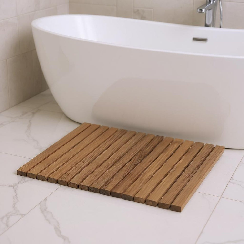 HomeRoots 20" Brown Teak Wood Rolling Bath Mat - Stylish, Slip-Resistant, Quick-Drying for Indoor & Outdoor Use 475836