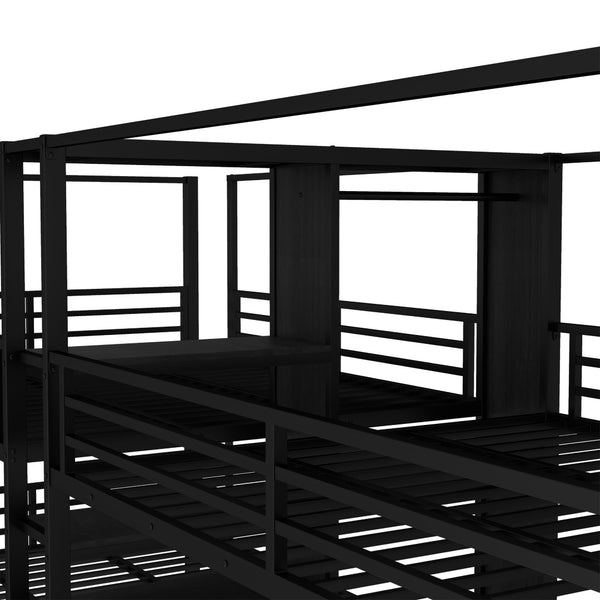English Elm Queen Size Quadruple Metal Bunk Bed With Storage, Noise-Reducing Design & Sturdy Black Frame W1580S00156-GIGA