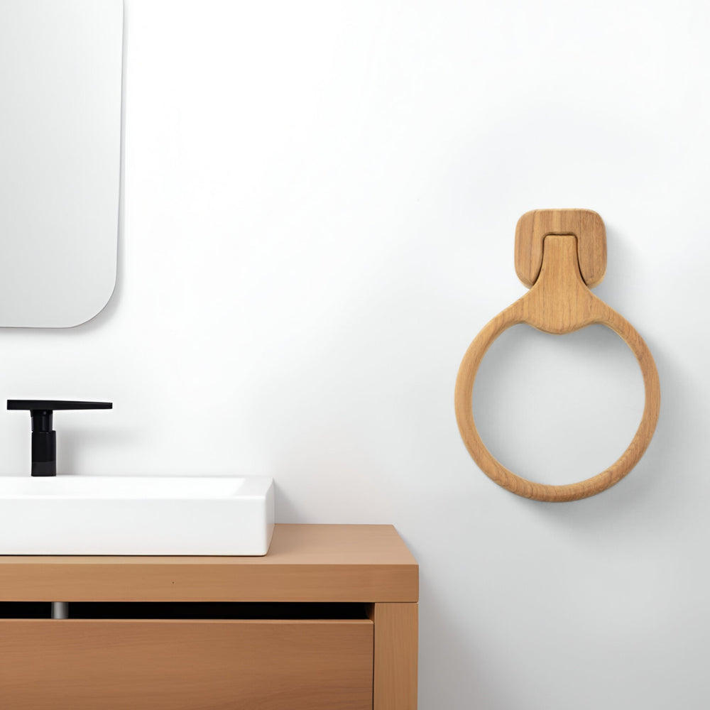 Homeroots Natural Solid Teak Wood Wall Mount Towel Ring  Solid Wood 475861