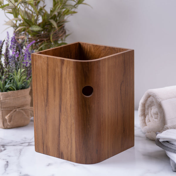Homeroots Designer Genuine Teak Waste Basket   475863