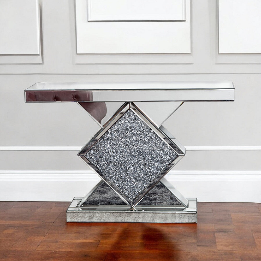 Homeroots 47" Clear And Silver Glass Mirrored Abstract Console Table   475886