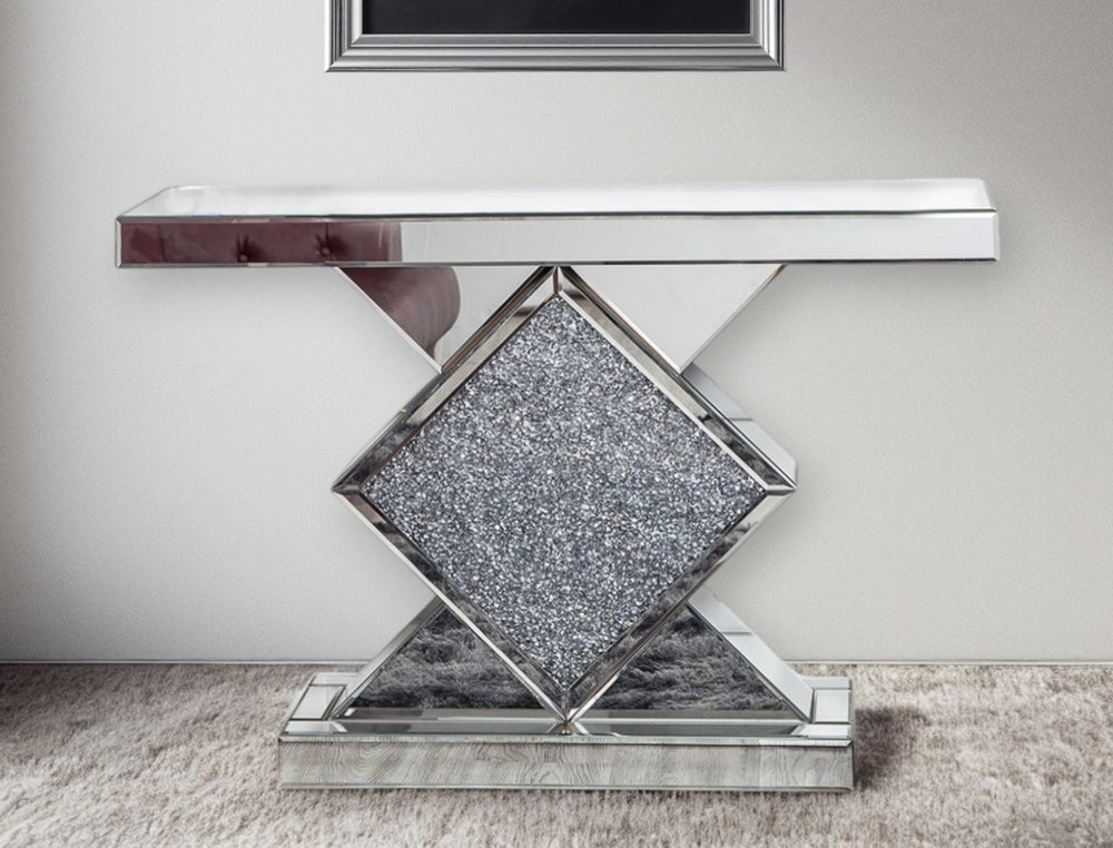 HomeRoots 47" Glamorous Clear Glass Console Table with Silver Mirrored Base and Faux Crystals for Chic Spaces 475886