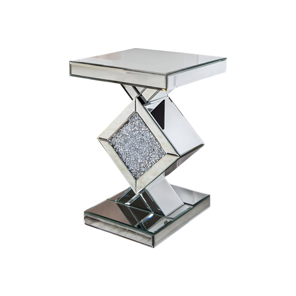 HomeRoots 24" Glamorous Silver Mirrored End Table with Faux Crystals - Chic, Stylish & Multifunctional Design 475887