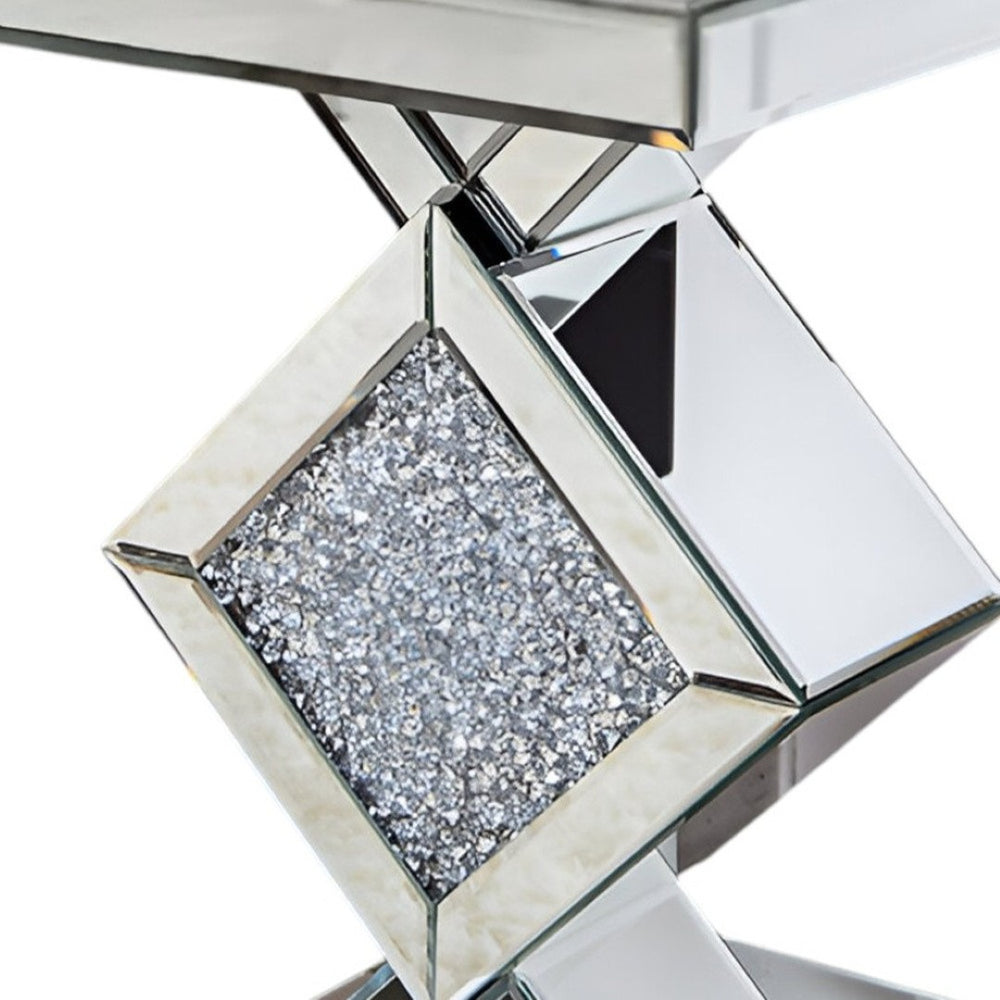 HomeRoots 24" Glamorous Silver Mirrored End Table with Faux Crystals - Chic, Stylish & Multifunctional Design 475887