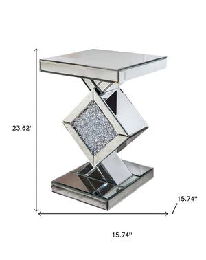HomeRoots 24" Glamorous Silver Mirrored End Table with Faux Crystals - Chic, Stylish & Multifunctional Design 475887