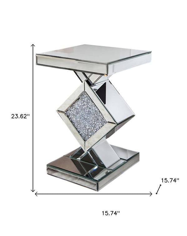 HomeRoots 24" Glamorous Silver Mirrored End Table with Faux Crystals - Chic, Stylish & Multifunctional Design 475887