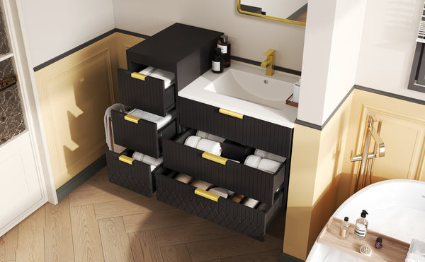 English Elm 24inch Bathroom Vanity with Sink - Wall-Mounted Floating Combo with Ceramic Basin, Modern L-Handle Design Black N710S324097B