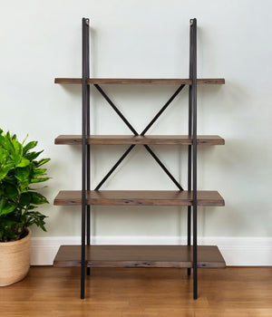 Homeroots 79" Brown And Black Acacia Live Edge Vertical Step Open Back Bookcase   475906