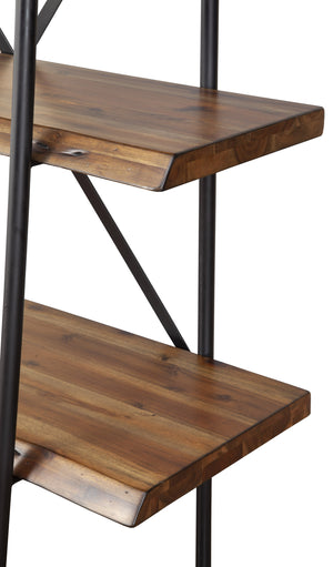 Homeroots 79" Brown And Black Acacia Live Edge Vertical Step Open Back Bookcase   475906