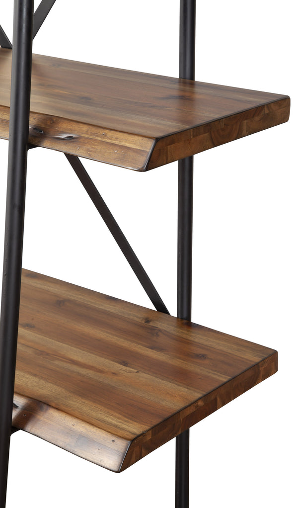 Homeroots 79" Brown And Black Acacia Live Edge Vertical Step Open Back Bookcase   475906