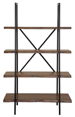 Homeroots 79" Brown And Black Acacia Live Edge Vertical Step Open Back Bookcase   475906