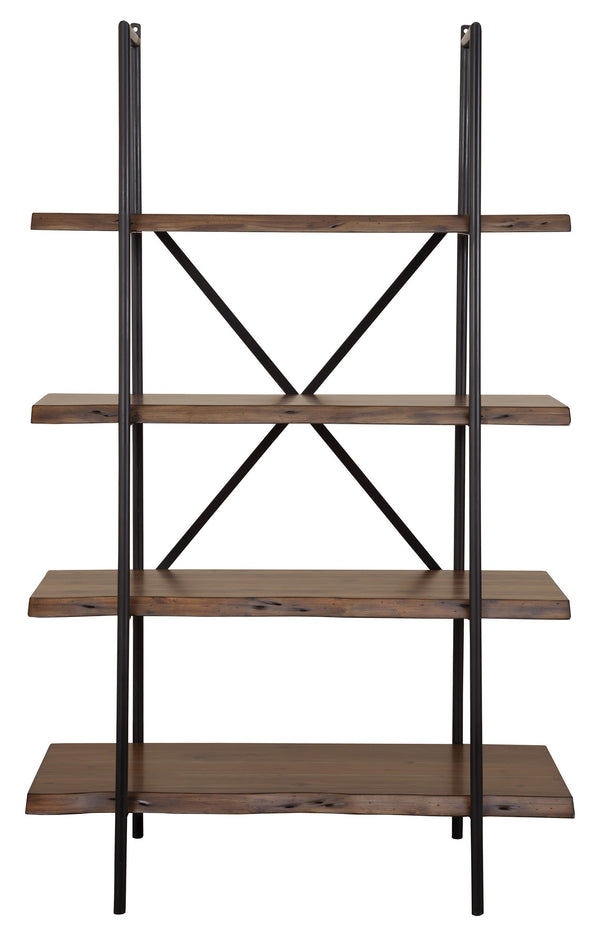 Homeroots 79" Brown And Black Acacia Live Edge Vertical Step Open Back Bookcase   475906