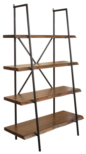 Homeroots 79" Brown And Black Acacia Live Edge Vertical Step Open Back Bookcase   475906