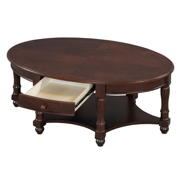 English Elm Vintage Oval Coffee Table With Drawer And Open Shelves, French Country Style Accent Table In Walnut N735P277388D-GIGA