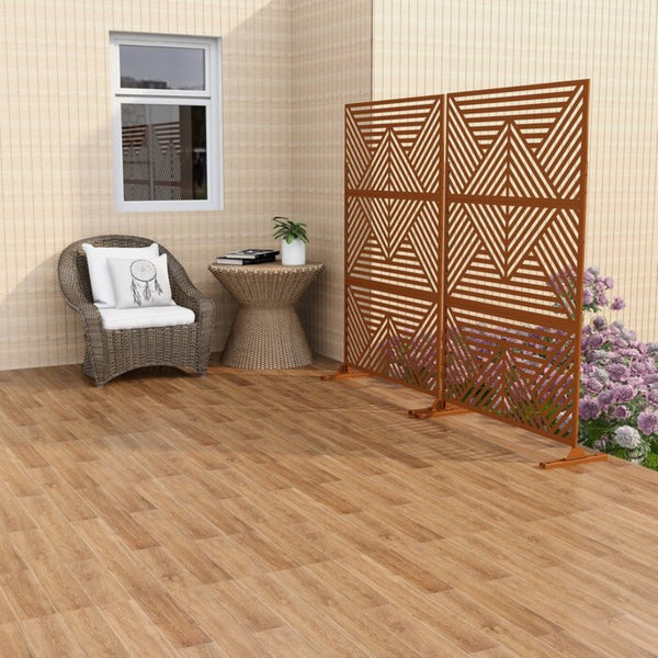 HomeRoots 75" Stylish Brown Metal Three-Panel Room Divider Screen for Privacy, Flexibility, and Décor Enhancement 475922