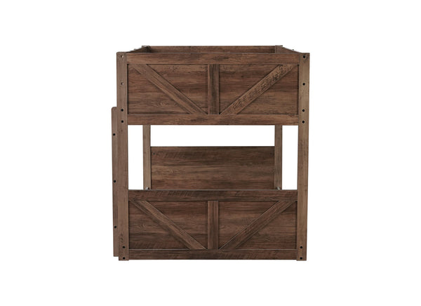 English Elm Twin Twin over Twin Floor Bunk Bed with Rustic Panel Headboards, Solid Rubberwood Frame, Space-Saving Design Antique Dark Oak W504P263818