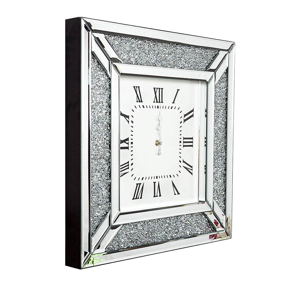 Homeroots Diamond And Silver Mirrored Square Wall Clock  Mdf,Glass,Crystals,Metal 475959