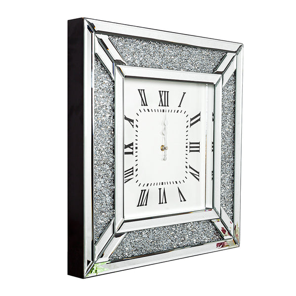 Homeroots Diamond And Silver Mirrored Square Wall Clock  Mdf,Glass,Crystals,Metal 475959