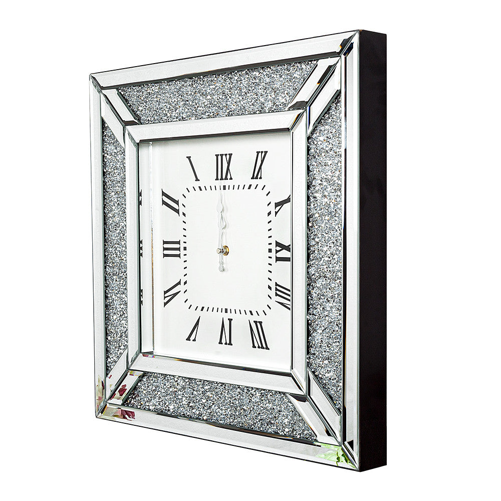 Homeroots Diamond And Silver Mirrored Square Wall Clock  Mdf,Glass,Crystals,Metal 475959