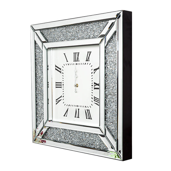 Homeroots Diamond And Silver Mirrored Square Wall Clock  Mdf,Glass,Crystals,Metal 475959