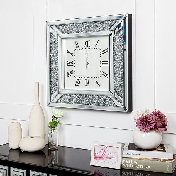 Homeroots Diamond And Silver Mirrored Square Wall Clock  Mdf,Glass,Crystals,Metal 475959