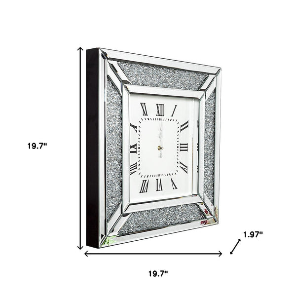 Homeroots Diamond And Silver Mirrored Square Wall Clock  Mdf,Glass,Crystals,Metal 475959