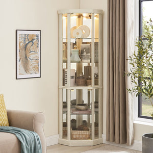 English Elm Corner Lighted Curio Cabinet with Mirrored Back Glass Shelves Classical Living Room Display Antique White W2275P194426