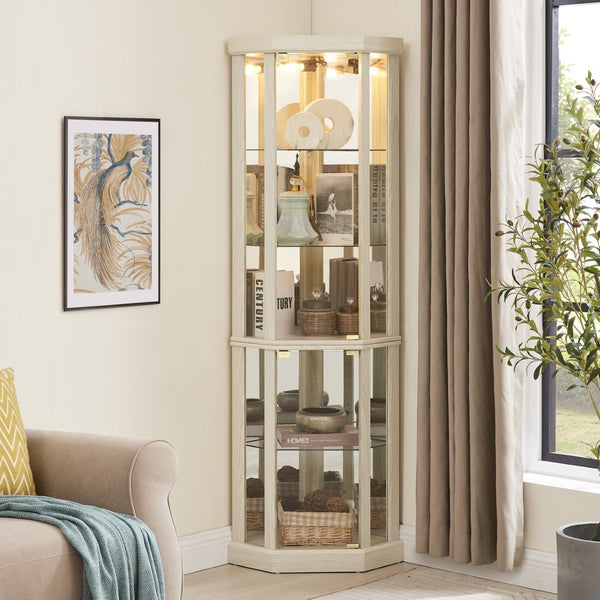 English Elm Corner Lighted Curio Cabinet with Mirrored Back Glass Shelves Classical Living Room Display Antique White W2275P194426