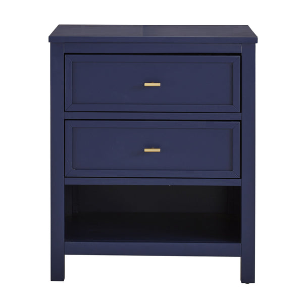 Danica Rubberwood Nightstand with Gold Hardware Two Drawers and Open Shelf Storage