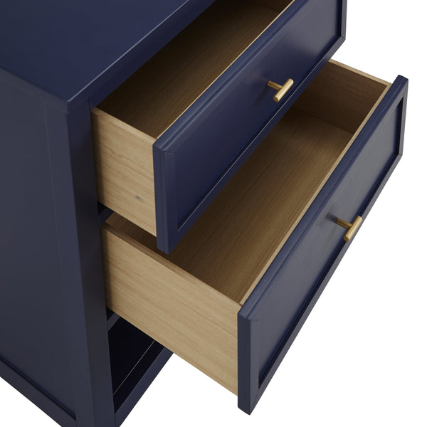 Danica Rubberwood Nightstand with Gold Hardware Two Drawers and Open Shelf Storage