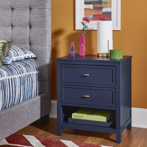 Danica Rubberwood Nightstand with Gold Hardware Two Drawers and Open Shelf Storage