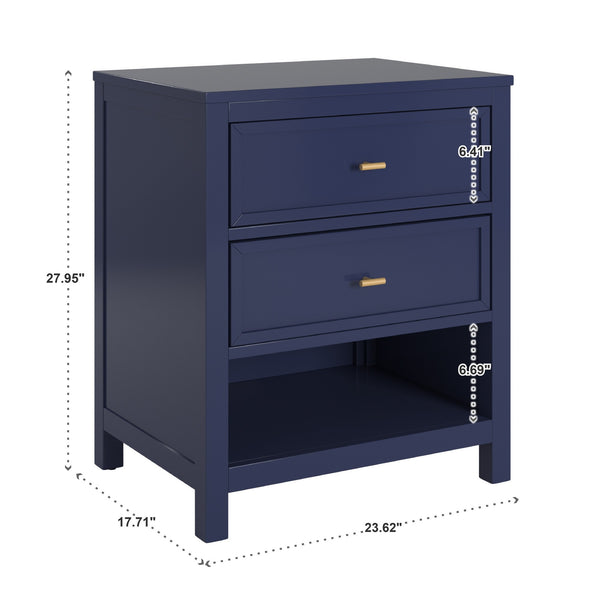 Danica Rubberwood Nightstand with Gold Hardware Two Drawers and Open Shelf Storage