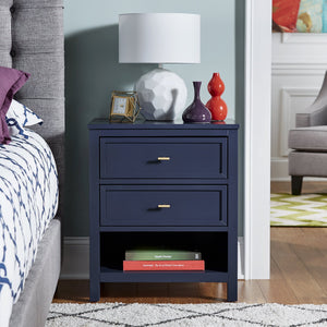 Danica Rubberwood Nightstand with Gold Hardware Two Drawers and Open Shelf Storage