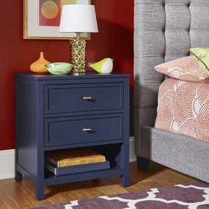 Danica Rubberwood Nightstand with Gold Hardware Two Drawers and Open Shelf Storage