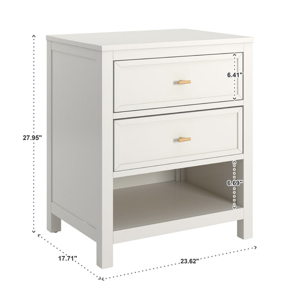 Danica Rubberwood Nightstand with Gold Hardware Two Drawers and Open Shelf Storage