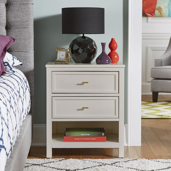 Danica Rubberwood Nightstand with Gold Hardware Two Drawers and Open Shelf Storage