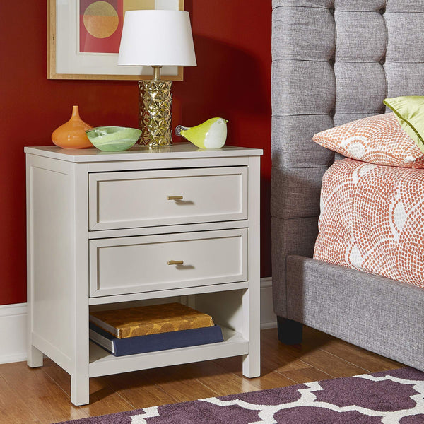 Danica Rubberwood Nightstand with Gold Hardware Two Drawers and Open Shelf Storage