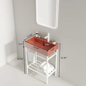 English Elm LOFI Ceramic Integrated Bathroom Vanity 24" with Rectangular Basin, Open Metal Shelf, Easy Clean White+Red W2615S00053