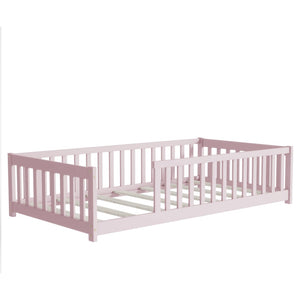 English Elm Twin Solid Rubberwood Floor Bed with Full Perimeter Safety Rails for Toddler Rooms Pink W504P296798