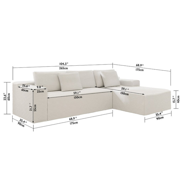 English Elm 104.3*68.9"modular Corduroy Sectional Sofa 2 Piece Reversible Chaise for Living Room W3819P391105