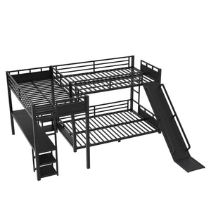 English Elm L-shaped Metal Triple Bunk Bed with Slide Desk Shelves Sleep Study Play Zone W1580S00280