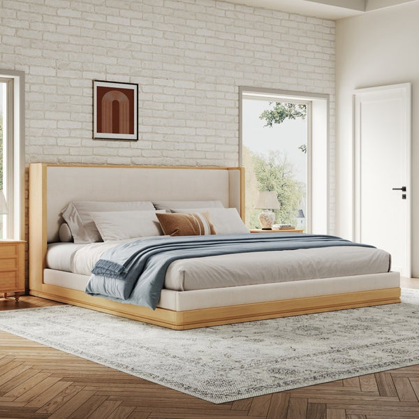 English Elm Mid-century Queen Platform Bed Curved Waterfall Headboard Natural Wood Beige Upholstered N769Q354925W